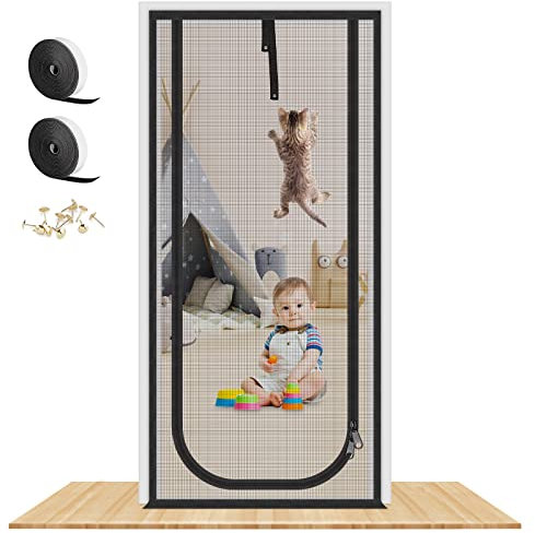 Upgraded Reinforced Cat Screen Door, 32X82” Heavy Duty Pets Proof Screen Door with Two Way Zips, Prevent Dogs Cats Running Out from Home, Bedroom, Living Room, Kitchen Patio Door