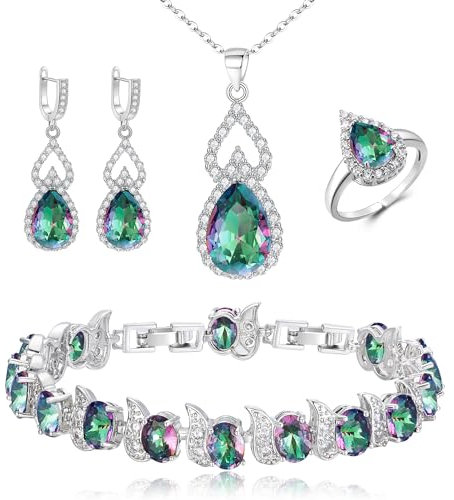Clearine Juegos de Joyas de Mujer Joyería Chapado en Plata Lágrima Circonita Cúbica Collar Abierto Ajustable Anillo Pendientes Pulsera Juego para Boda/Aniversario/Día de la Madre Violeta-Claro