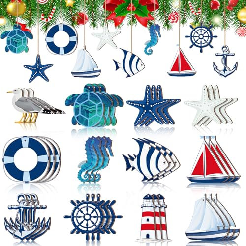 Tradder 36 adornos de madera de Navidad para árbol náutico, decoraciones colgantes de madera, adornos de árbol de playa en miniatura para el hogar, mini ancla, anillo salvavidas, estrella de mar