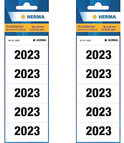 HERMA 1683 Jahreszahlen Aufkleber 2023 für Ordner (60 x 26 mm, Papier, matt, blickdicht) selbstklebend, permanent haftende Textetiketten, 100 Etiketten, weiß (Packung mit 2)