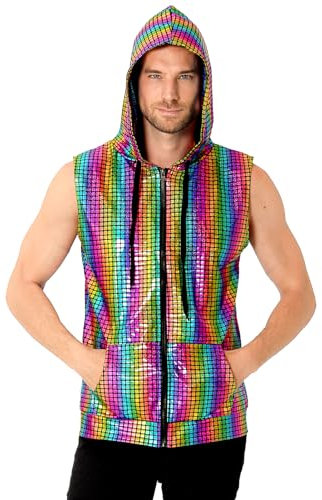 COSAVOROCK Herren 70er Jahre Disco Kostüm Metallic Hemd Pailletten Weste Hässliche Glänzend Bronzing Hoodie, Mehrfarbig, L