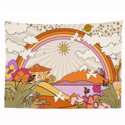 Ulticool – Wandteppich Dekoration für Zuhause – Regenbogen-Retro-Vintage-Universum – 200 x 150 cm – Wandbehang – Accessoires für Schlafzimmer Wohnzimmer – Beige Orange Lila