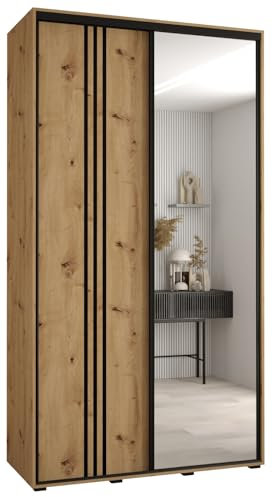 MEBLE KRYSPOL Davos 7 140 Schlafzimmerschrank mit Zwei Schiebetüren - Moderner Aufbewahrungsschrank mit Spiegel, Kleiderstange und Regalen - 235,2x140x60 cm - Artisan Artisan Schwarz