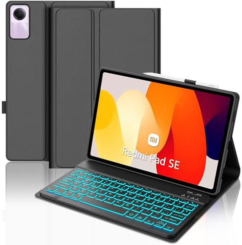 WAVATA Funda con Teclado para Redmi Pad SE 11 Pulgadas 2023, Español Ñ Teclado para Xiaomi Redmi Pad SE con Bluetooth Desmontable Retroiluminado para Tablet Xiaomi SE 11'', Negro