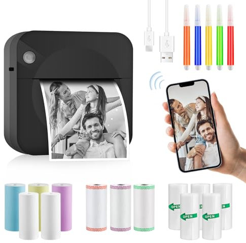 GuKKK Mini Drucker, Mobiler Fotodrucker, Tragbarer Mini Fotodrucker, Wireless Fotodrucker Thermodrucker, mit 13 Rollen Druckerpapie und 5 Buntstifte, Smartphone Bluetooth Drucker, für Liste, Journal