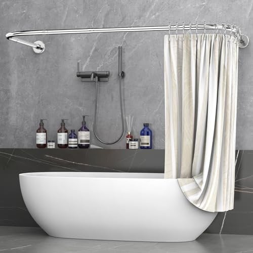 Misounda Asta per Tenda da Doccia a forma di U/L 75×(150-190)×75 cm, Bastone Doccia Angolare per Vasca da Bagno, Senza Supporto a Soffitto, inclusi 24 Anelli Acciaio Inossidabile, Lucidatura Fine