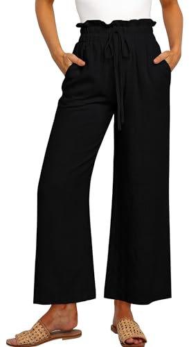 Cindeyar Hose Damen Leinenhose Sommer Casual Leichte Palazzo Hose Hohe Taille Einfarbig Leinen Freizeithose Sommerhose Mit Taschen und Tunnelzug (Schwarz, XXL)