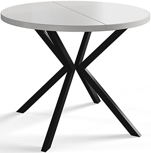 AlpiMeble Runder Esszimmertisch LOFT LITEN, ausziehbarer Tisch Durchmesser: 100 cm/180 cm, Wohnzimmertisch Farbe: Weiß, mit Metallbeinen in Farbe Schwarz