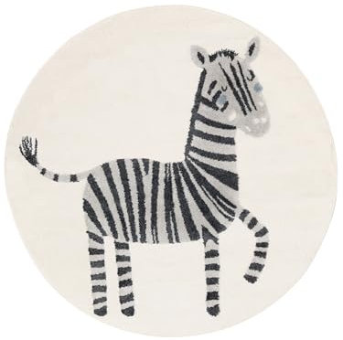 RugVista Zebbo Zebra Teppich, Kinderzimmerteppich, ∅ 100 cm, Rund, Kinderteppich für Kinder, Polypropylene, Spielteppich Babys Junge Mädchen, Keine schädlichen Stoffe, Schwarz/Weiß