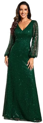 Ever-Pretty Women's Sequin A-Line V Neck Long Sheer Sleeves Tulle Evening Prom Dresses Dark Green 18UK