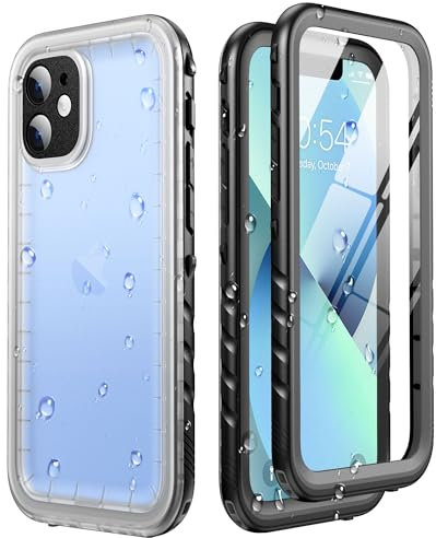 SOKUSIN for iPhone 13 Mini Case Waterproof - Full Body Bumper Case with Built-in Screen & Camera Protector,Shockproof Dust Drop Proof Rugged Phone Cover with Wrist Strap 5.4, Black/Frosted Clear