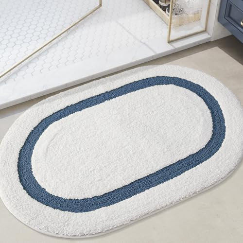 DEXI Badezimmerteppich 61 x 110 cm, rutschfest Badematte, weicher Maschinenwaschbar Badvorleger, Ovales Saugfähige Badematten & Badteppiche für Dusche, Badewannen, Toilette Deko, Blau