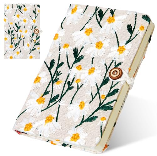 Dunzoom Daisy Journal Daisy Gifts for Women Embroidered Flower Journal Hardcover A6 Pocket Lined Spiral Notebook Blank for Women Gifts Office and School Supplies(White)