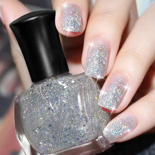 Pearl Glitter Nail Polish - glitter Nail Varnish, Blue glitter nail polish for Women & Girls, Quick Dry & Long Lasting nail No Need Cure nail Paint for DIY Nail Art Home Manicure(20#Silver)