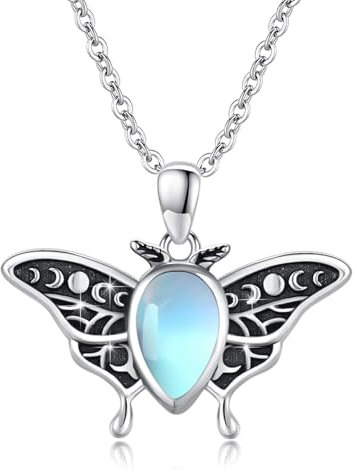 TRISHULA Motten Halskette 925 Sterling Silber Luna Motte Kette Mondstein Motte Anhänger Insekten Kette Tier Halskette Luna Motte Schmuck Geschenke für Damen Mädchen