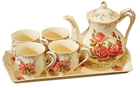 WOTZOV Teeservice für Erwachsene Rote Rose Keramik-Teeservice Vintage-Teeservice mit Teekanne Hübsches Teeservice Service für 4 Kaffeetassen-Set mit Tablett Teetassen-Set Teeservice mit Teekanne