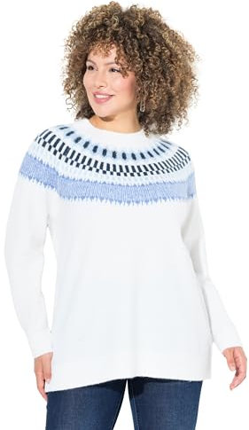 Ulla Popken Norweger-Pullover, Rundhals, Langarm, weicher Feinstrick Pull-Over, schneeweiß, 56/58 FR Femme