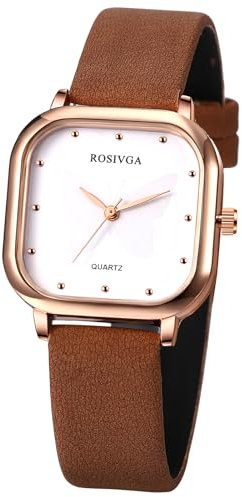 JewelryWe Damenuhr Leder Quadratische Uhr: Preppy Schmetterling Analog Quarz Armbanduhr Damen Mädchen Braun Lederarmband Klein Ultradünne Uhr mit Rechteckigem Zifferblatt und Punktskala