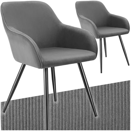 tectake® 2X Esszimmerstuhl, Sessel bequem mit Armlehne, Polsterstuhl, Cord Cocktailsessel, Loungesessel für Wohnzimmer, Esszimmer, Moderne Küchenstühle, Bürostuhl - grau/schwarz