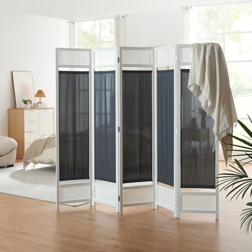 [en.casa] Raumteiler Dorotea Paravent Sichtschutz 5-teilig Raumtrenner faltbar Spanische Wand 200 x 170 cm Trennwand Paneele in Rattanoptik Rahmen aus Bambus Stellwand freistehend Weiß/Dunkelgrau