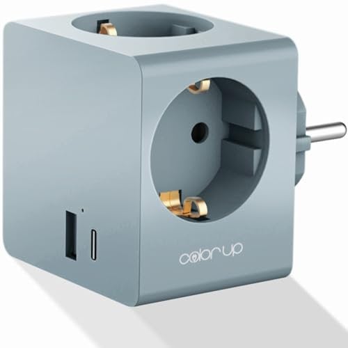 COLOR UP Steckdosenwürfel ohne Kabel, 5in1 Steckdosenadapter für DE/NL/ES/SE/FR, Mehrfachsteckdose für USB A/C + 3X C E/F, Mehrfachstecker für Steckdose mit Überspannungsschutz & Kindersicherung
