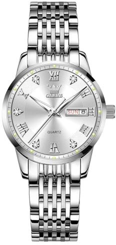 OLEVS Damenuhren Kleines Gesicht Silber Edelstahlband Analoger Quarz Uhr Damen Klassische Luxus Weiß Römische Ziffern Diamanten Damenuhr Wasserdicht Leuchtend Tag Datum Armbanduhr Damen
