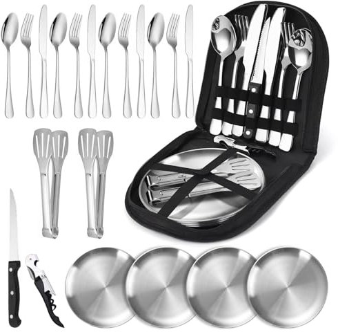 Camping Geschirr Set für 4 Personen,21 Stück Tragbars Campingbesteck Set aus Edelstahl für Camping, Picknick, Reisen-Inklusive Bestecktasche Edelstahl-Gabeln, Messer und Löffel,Wiederverwendbar