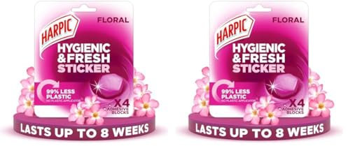 Harpic Hygienic Fresh Sticker Adhesive Toilet Block, Floral, Pack 1 x 4 Stickers, Toilet Freshener, No Plastic Applicator, Up to 8 weeks of Freshness (Pack of 2)
