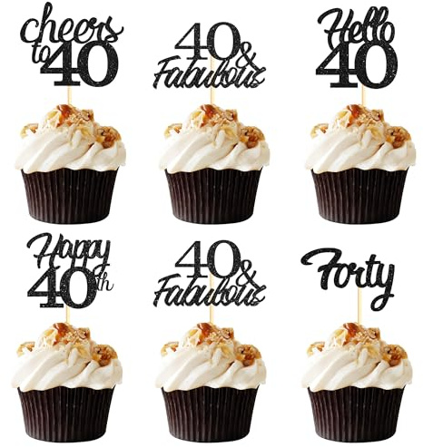 Sotpot 40th Birthday Hello 40 Cheers to 40 Years Cupcake Toppers Black Glitter 30 pack for 40th Birthday Anniversary Party Decor Supplies