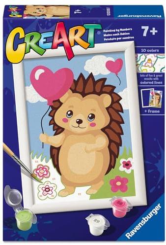 Ravensburger CreArt: Loving Hedgehog — Malen mit Zahlen für Kinder ab 7 Jahren, Malset mit Brettern, Rahmen, Pinsel und Farben im Lieferumfang enthalten, 14 x 19 cm, Geschenkideen