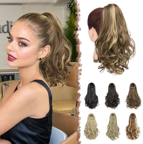 FESHFEN Zopf Pferdeschwanz Haarextension mit kordelzug, 38 cm Wellig Lockig Synthetik Haarverlängerung Clip Haarteil Ponytail Kunsthaar Haarzopf für Damen, Honigblond & Hellbraun