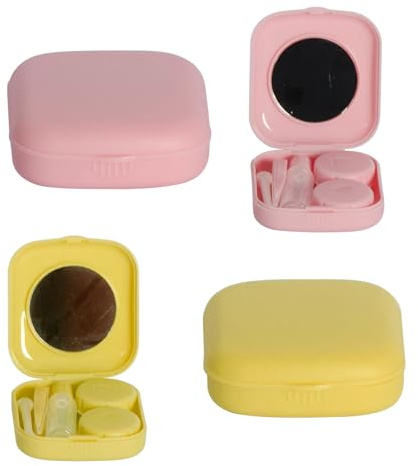 IHYjinchoo 2 Pack Multi-Color Contact Lens Case Kit with Mirror，Lightweight & Compact for Easy Storage，Durable & Portable for Travel (2, Pink & Yellow)