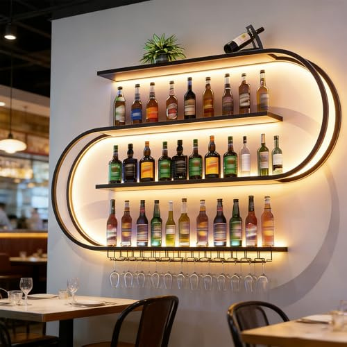 KEPMOGOH Wine rack wall mounted, 4 Tier Metal bar shelves with Liquor Bottle Glass Holder, Wine Holder Iron Liquor Shelves, Wine Storage Display Rack for Kitchen Dining Room Bar (BLACK, 120CM)