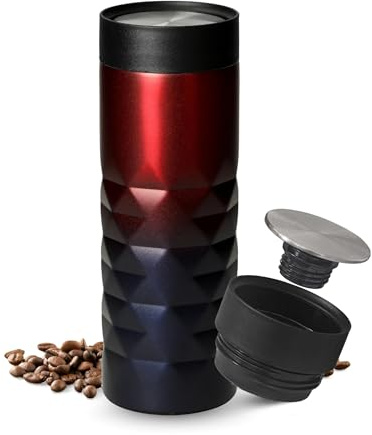Thermobecher 450 ml - auslaufsicherer Edelstahl to go Becher in blau/rot | 450 ml, Travel Mug, doppelwandig, Trinkbecher, heiß und kalt, 360 Grad Push Deckel, Büro, unterwegs, Coffee to go
