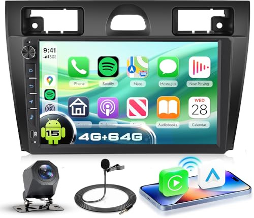 VECHTEL 4G+64G Autoradio Android 15 pour Ford Fiesta Mk5 2002-2008, 9'' InCell HD Écran Tactile avec Bouton Rotatif Carplay Android Auto sans Fil GPS 5G WiFi USB Bluetooth FM RDS Radio Caméra de Recul