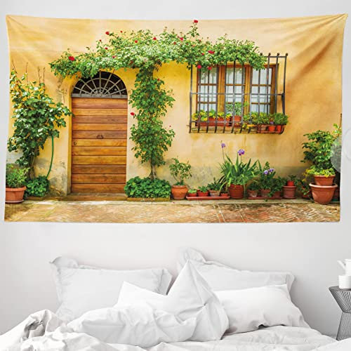 ABAKUHAUS Italien Wandteppich und Tagesdecke, Stadtleben in der Toskana, aus Weiches Mikrofaser Stoff Für den Wohn und Schlafzimmer Druck, 230 x 140 cm, Grün braun Aprikose