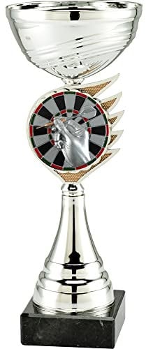 Pokal-Fabrik - Silberner Dart Pokal 26 cm aus hochwertigem Metall mit Gravur - Geschenk-Trophäe mit Dartpfeil als Emblem & Marmorsockel - Personalisiertes Geschenk - Wanderpokal Dart Zubehör