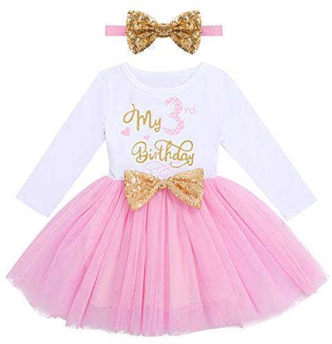 Ragazze Il Mio 1 ° / 2 ° / 3 ° Compleanno Vestito Principessa Manica Lunga Lucente Tulle Vestito con Fiocco Bowknot Fascia Bambino Minnie Vestiti Set Rosa 3 3 anni
