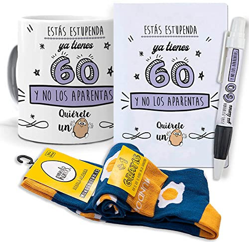 mundohuevo Super Regalo Personalizado para 60 cumpleaños Mujer. Ya Tienes 60 y no los aparentas. Taza, libreta, boli y Trio de Calcetines