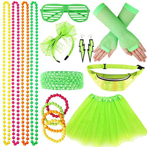WILDPARTY 80er Jahre Kleidung Damen Grün Set, Kostüm Accessoires 80er, Netzgarnrock, Bauchtasche, Fingerlose Netzhandschuhe,Stirnband, Halskette, Armband,Ohrring, Neon 80 Jahre Outfit Party