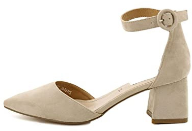 QUEEN HELENA Décolleté Sandali Eleganti a Punta Chiusa Scarpe con Tacco Quadrato Medio Donna ZM6046 (ZM9001 Beige, numeric_37)