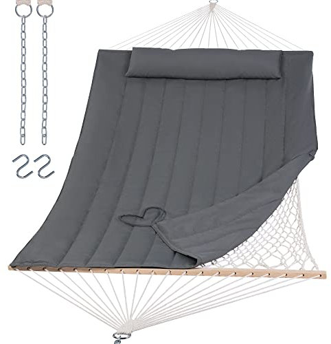 SUNCREAT Hammocks 2 Person Hammock with Hardwood Spreader Bar, Double Rope Hammock with Polyester Pad, Dark Gray
