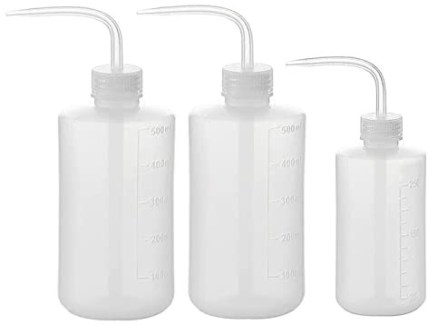 LATRAT Juego de 3 regaderas de plástico, botellas de seguridad para la limpieza de botellas transparentes para jardinería, riego de plantas, laboratorios, 250 ml, 500 ml, 500 ml