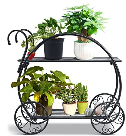 Scaffale per Piante in Metallo, Espositore Unico e Delicato per Fiori da Esterni, Supporto per Fiori, Porta Piante in Ferro Battuto a 2 Livelli da Balcone, Salotto, 66 x 34 x 62,5 cm, Nero