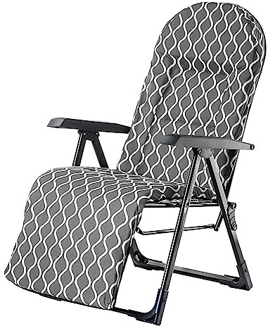 KADAX Gartensessel mit Einstellbarer Rücklehne, Relaxstuhl aus pulverbeschichteter Stahlkonstruktion, Klappsessel mit Tragfähigkeit bis 110kg, Gartenliege mit Kissen (Grau Zick-Zack, M oval)