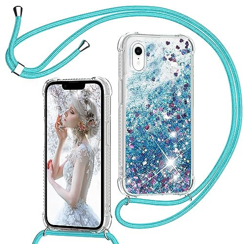 TUUTPU Handyband für iPhone XR Hülle mit Band, Glitzer Treibsand Handyhülle mit Kordel zum Umhängen Transparent Stoßfest Schutzhülle mit Kette Schnur, Quicksand Necklace Case in Blau