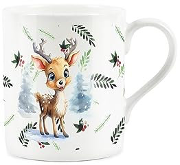 Christmas Reindeer Mug - Xmas Festive Novelty Mug Gift - Small Bone China White Mug Coffee/Tea Present
