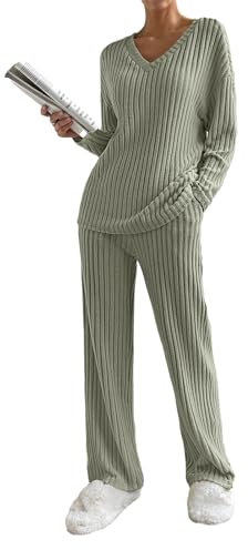 SotRong Ribbed Knitted Lounge Wear Sets for Women Uk Ladies Leisure Suits Two Piece Outfit Tracksuit Set Long Sleeves V Neck Baggy Pullover Tops Wide Leg Long Pants Army Green M