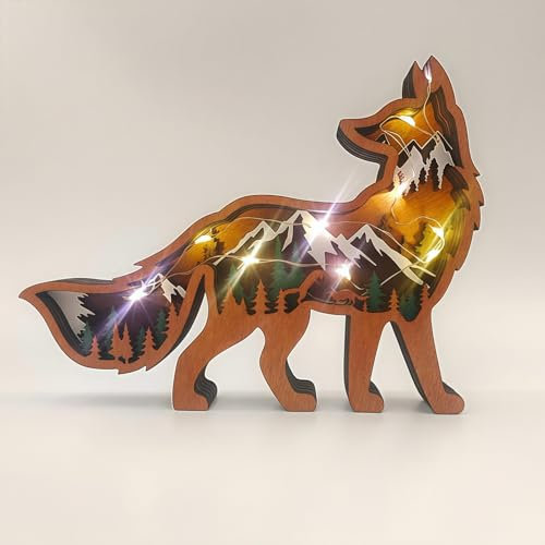 Drawelry 3D Holz Fuchs Statue Ornamente Waldtiere Holzschnitzerei Bär Wolf Elefant Elch Skulptur Tier Kunsthandwerk Dekoration für Heim Büro Schlafzimmer Wand Tisch Weihnachten Deko (Fuchs)