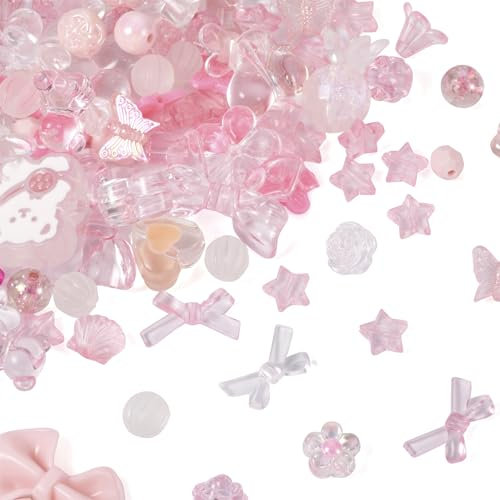 Beadthoven Acryl-Perlen, 100 g, rosa, blickdicht, transparent, Blume, Bär, Herz, Schleife, Perlen für DIY-Armbänder, Halsketten, Schlüsselanhänger, Schmuckherstellung, Loch: 1,2 ~ 4 mm